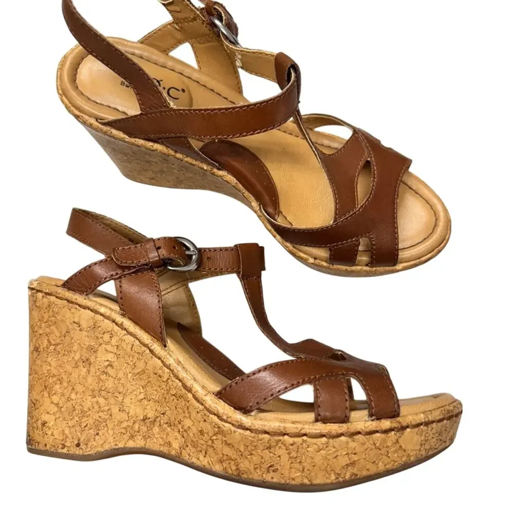 B.O.C. Brown Leather Strappy Cork Wedge Sandals Womens 6 Beachy Strappy Heels